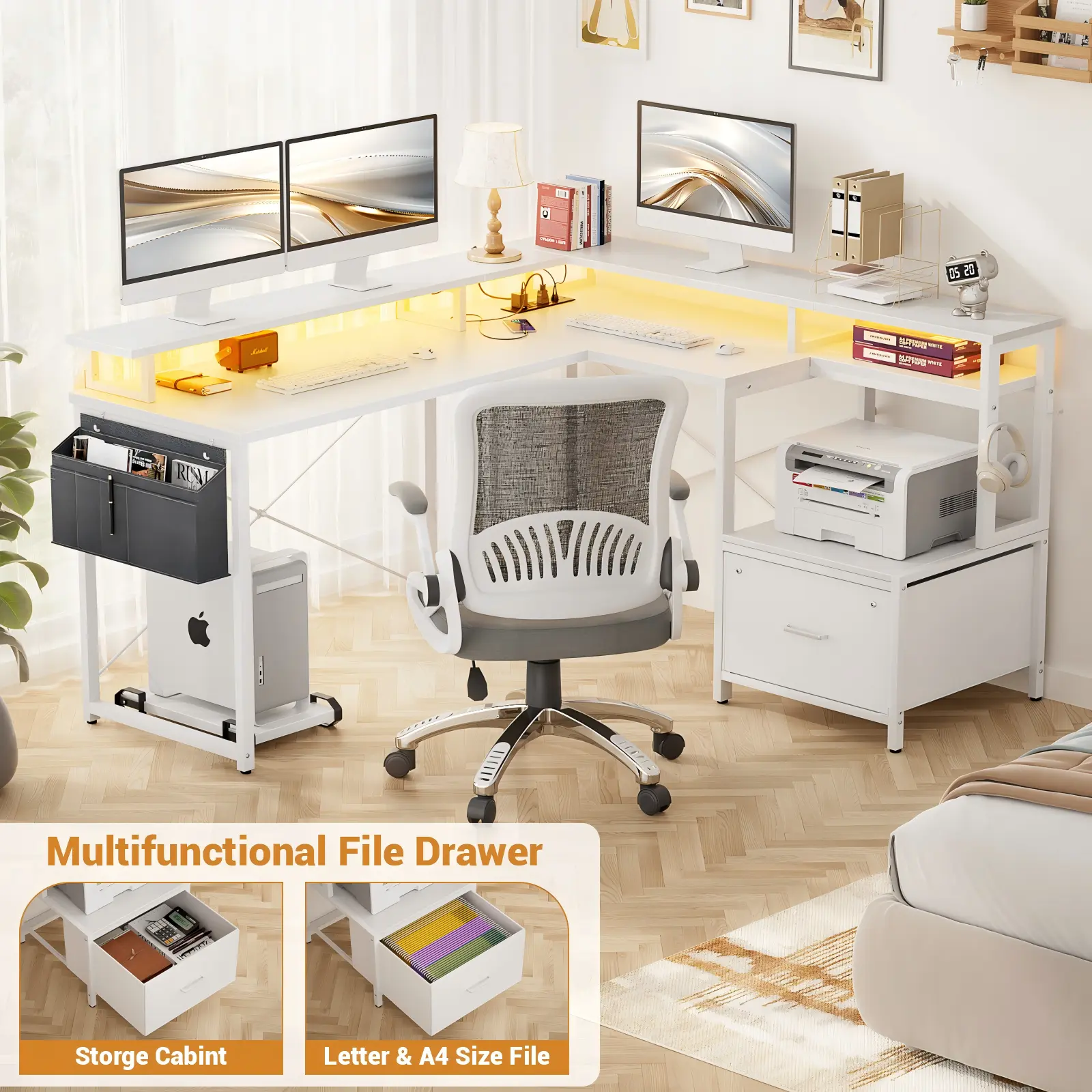 White L-Shaped Desk with Advanced File Cabinet Storage White L-shaped desk with multifunctional file drawer for home office storage