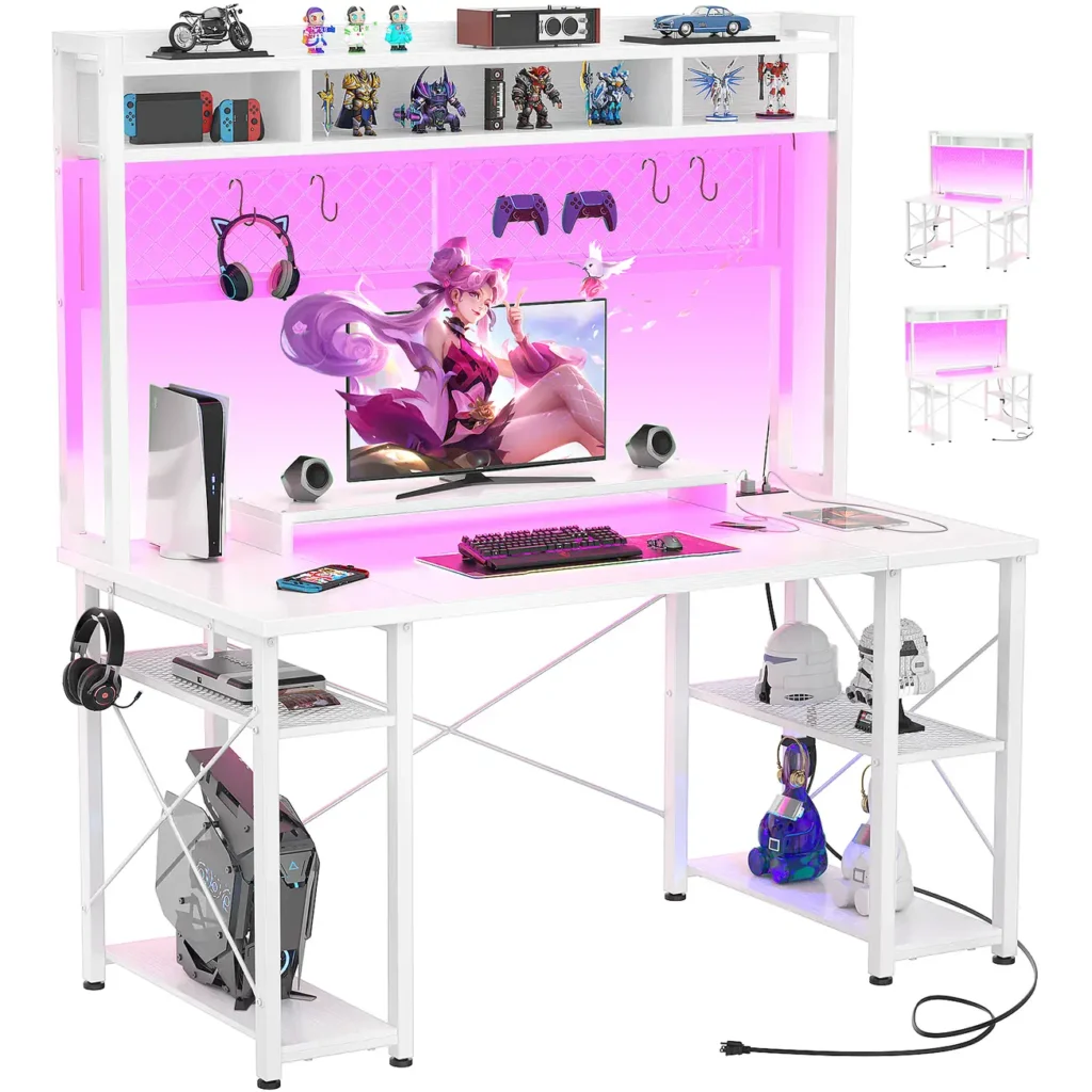 White L-shaped computer desk with top hutch, integrated metal pegboard panel, and reversible storage shelves showing layout options by Comfuri