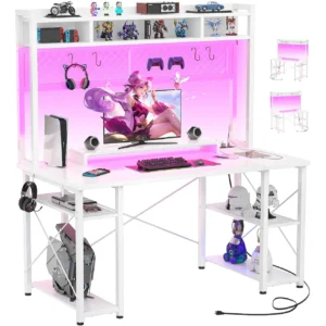 White L-shaped computer desk with top hutch, integrated metal pegboard panel, and reversible storage shelves showing layout options by Comfuri