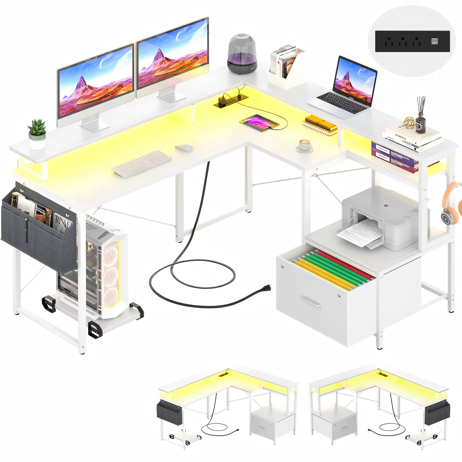 Premium White L-Shaped Desk with Power Outlet White L-shaped desk with power outlet, LED lights and file drawer