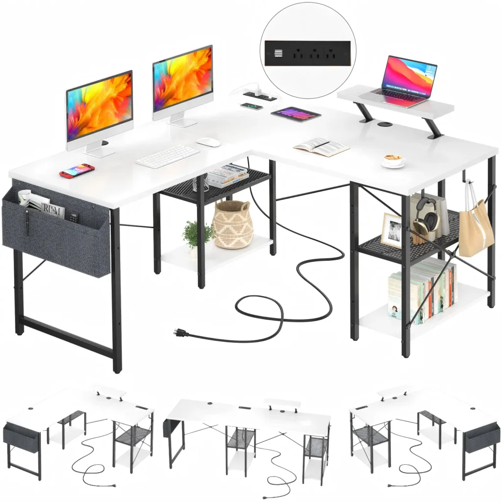 White L-shaped desk with power outlet, monitor stand and storage shelves