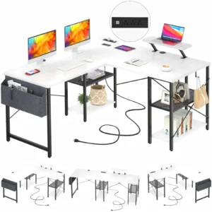 White L-shaped desk with power outlet, monitor stand and storage shelves