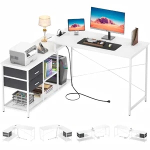 White L-shaped computer desk with power outlets and fabric drawers, showing four flexible layout options
