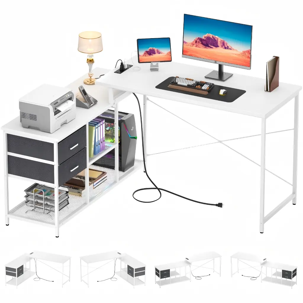 White L-shaped computer desk with power outlets and fabric drawers, showing four flexible layout options