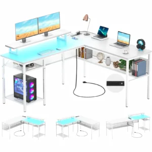 White L shaped desk with power strip and LED lights for home office gaming