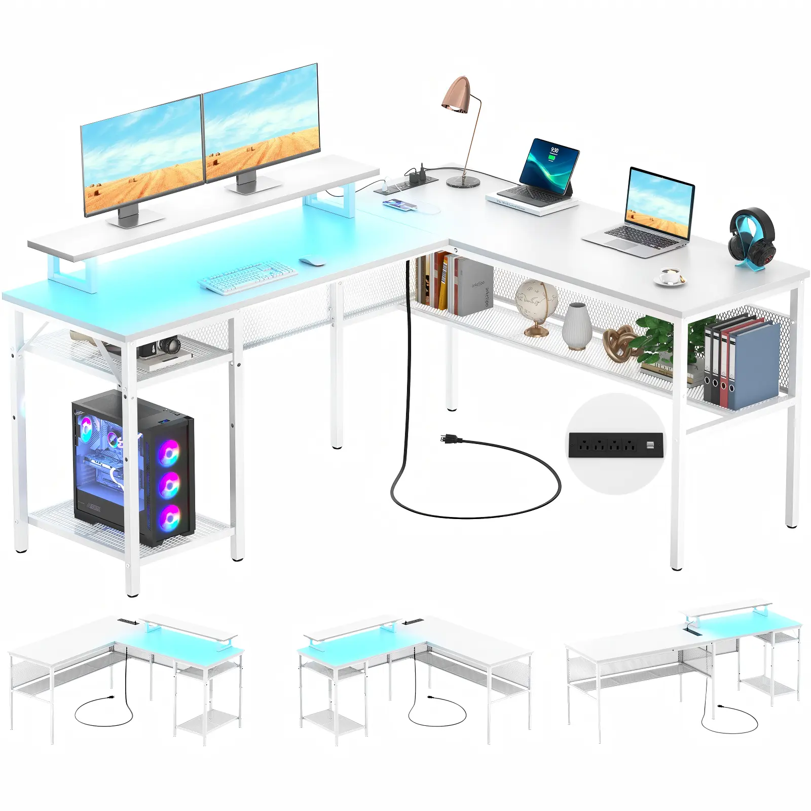 White L-Shaped Desk with Power Strip & LED Lights White L shaped desk with power strip and LED lights for home office gaming