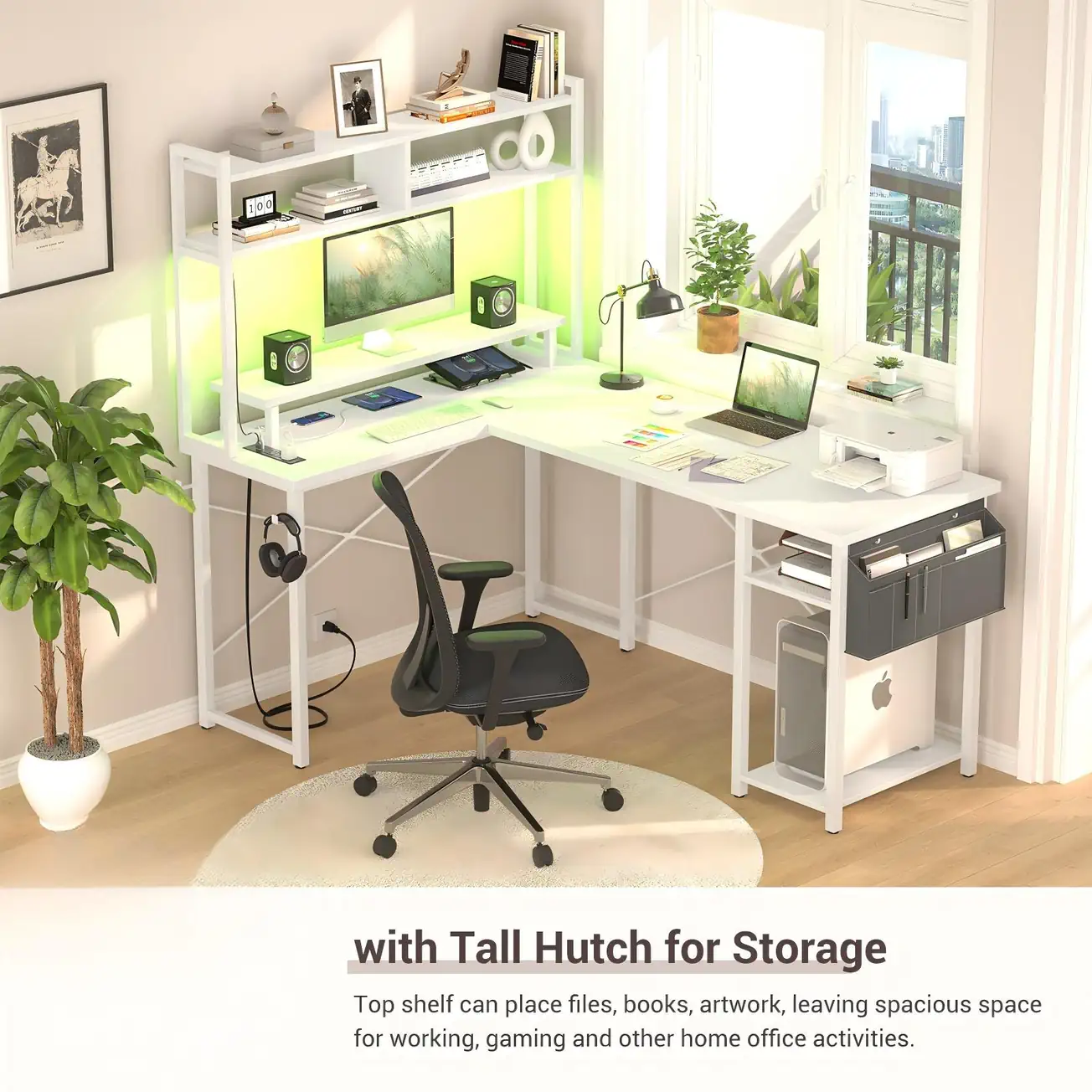 White L-Shaped Desk with Storage Hutch - Comfuri White L-shaped computer desk featuring a tall storage hutch with open shelving units by Comfuri
