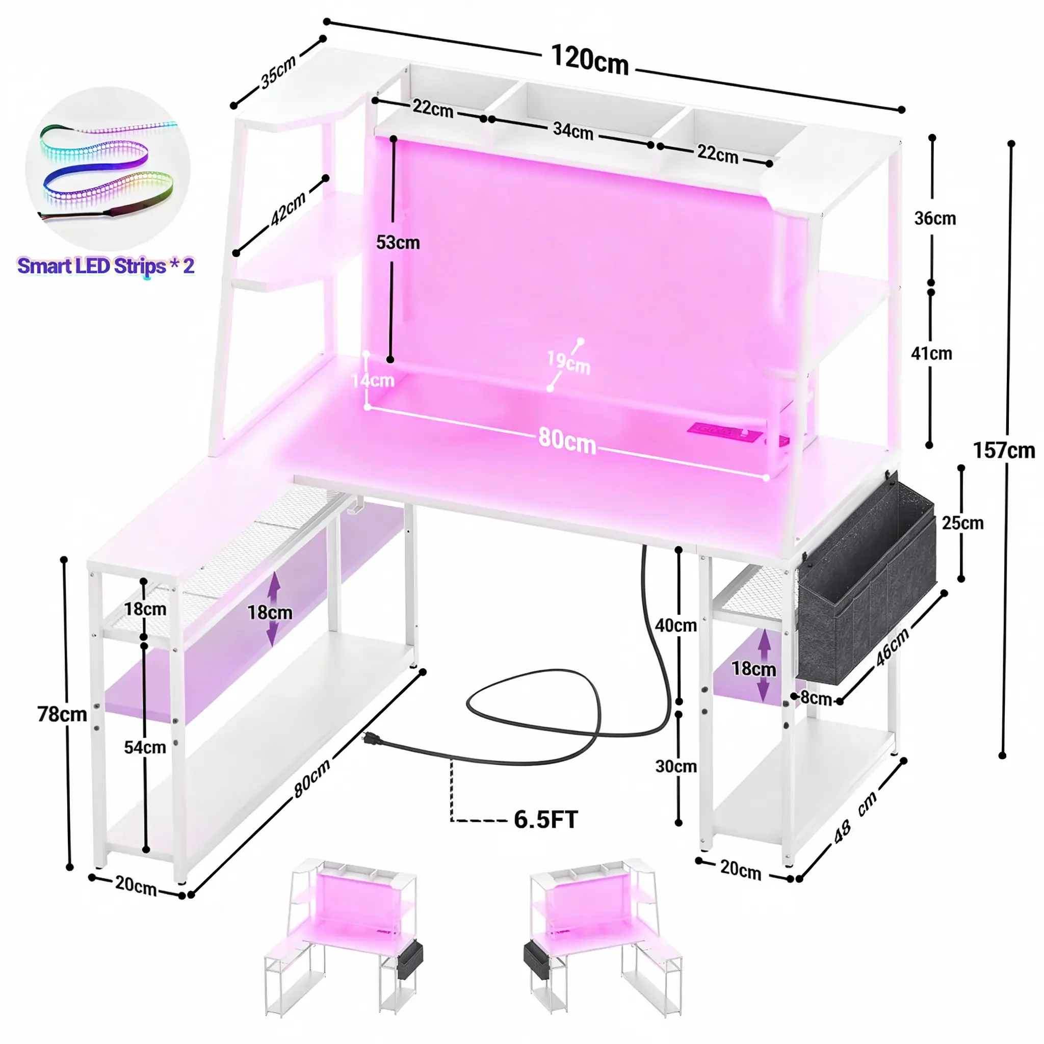 White L-Shaped Gaming Desk Dimensions White L-shaped gaming desk dimensions chart and size guide with hutch and shelves