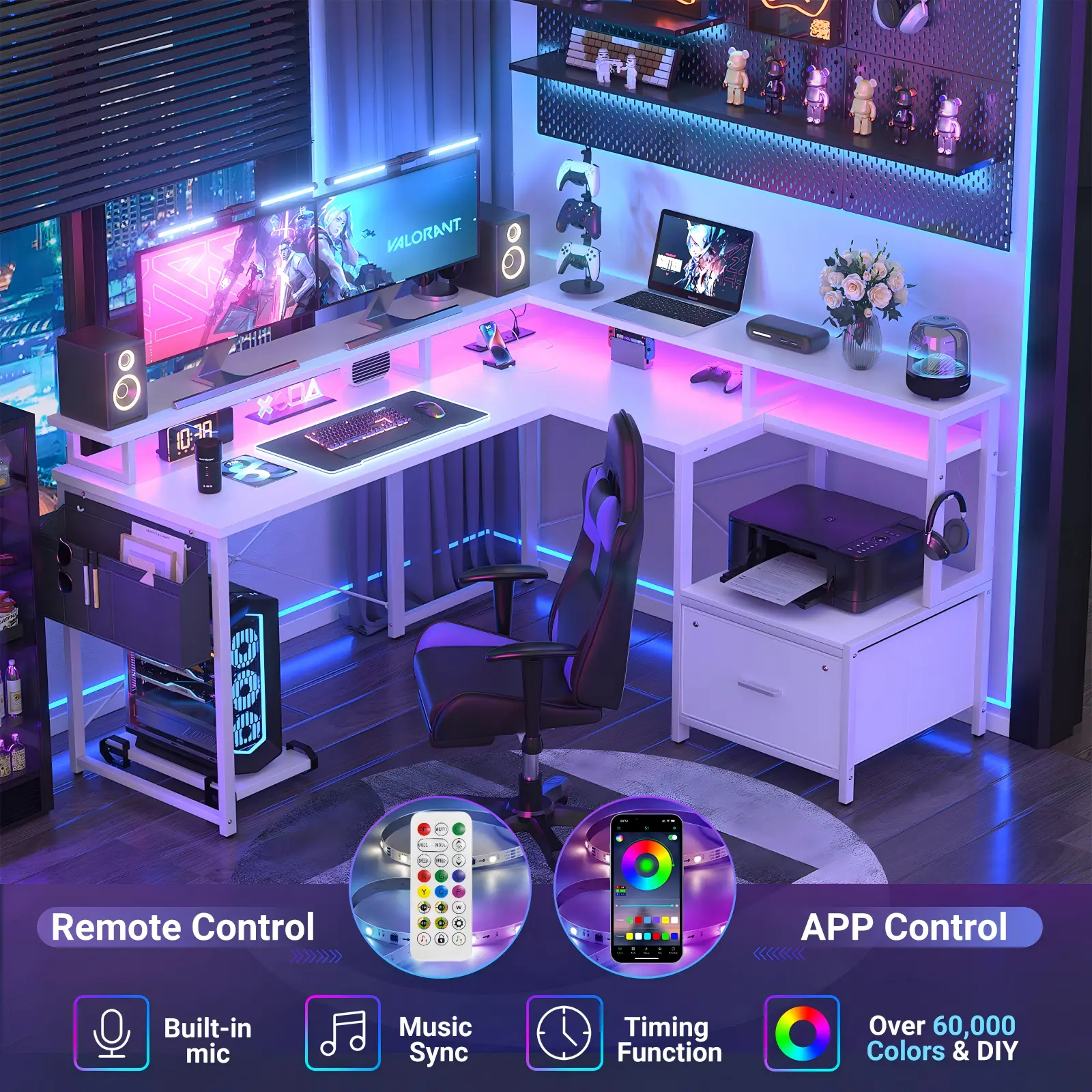 White L-Shaped Gaming Station with Smart RGB Illumination White L-shaped gaming desk with smart APP control RGB LED lights