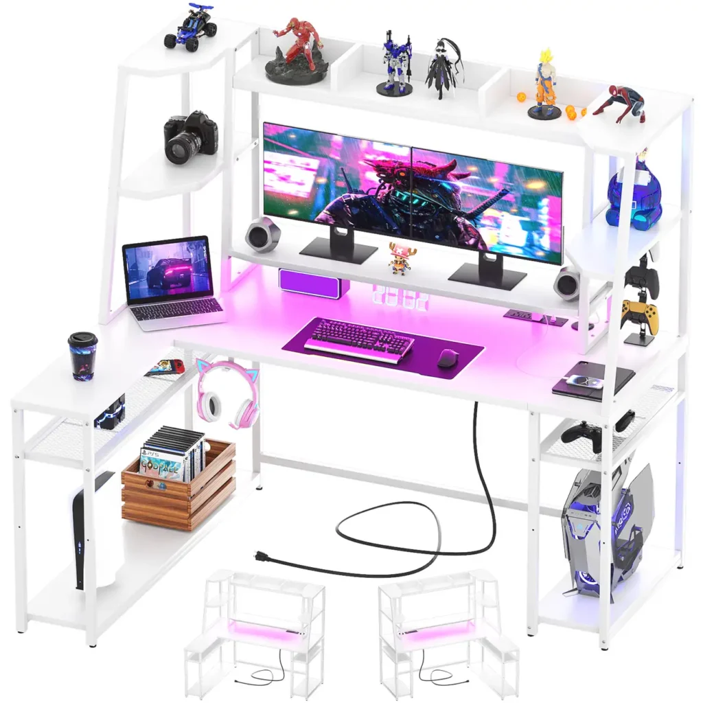 White reversible L-shaped gaming desk with hutch and pink LED lighting for home office setup