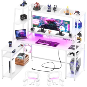 White reversible L-shaped gaming desk with hutch and pink LED lighting for home office setup