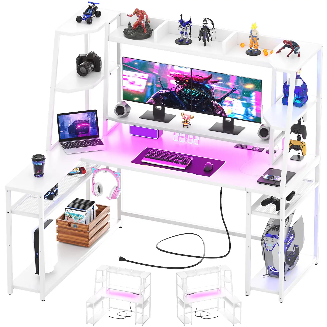 White Reversible L-Shaped Gaming Desk White reversible L-shaped gaming desk with hutch and pink LED lighting for home office setup