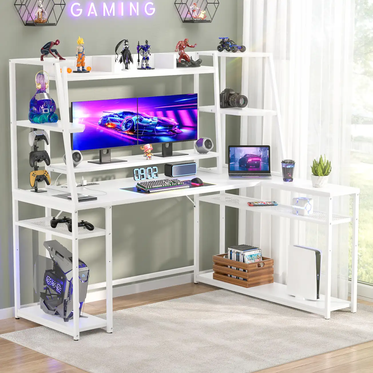 White L-Shaped Gaming Desk with Hutch Modern white L-shaped gaming desk with hutch, bookshelves, and computer monitor shelf for home office setup