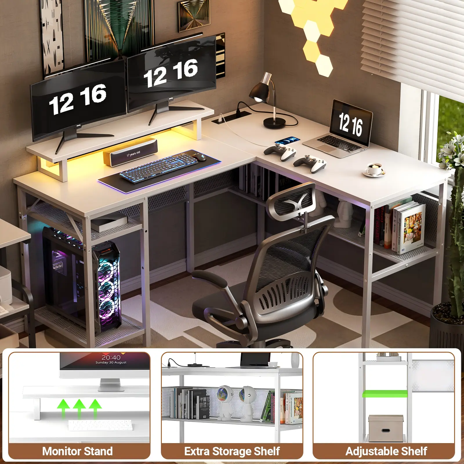 Private Label White L-Shaped Smart Desk with Power Strip & LED White L shaped gaming desk with LED lights for OEM brand customization
