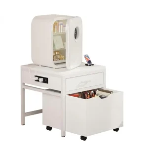 Minimalist all-white mini fridge stand and skincare refrigerator table featuring an integrated black power strip with USB ports, an upper white drawer, and a rolling lower wooden storage chest