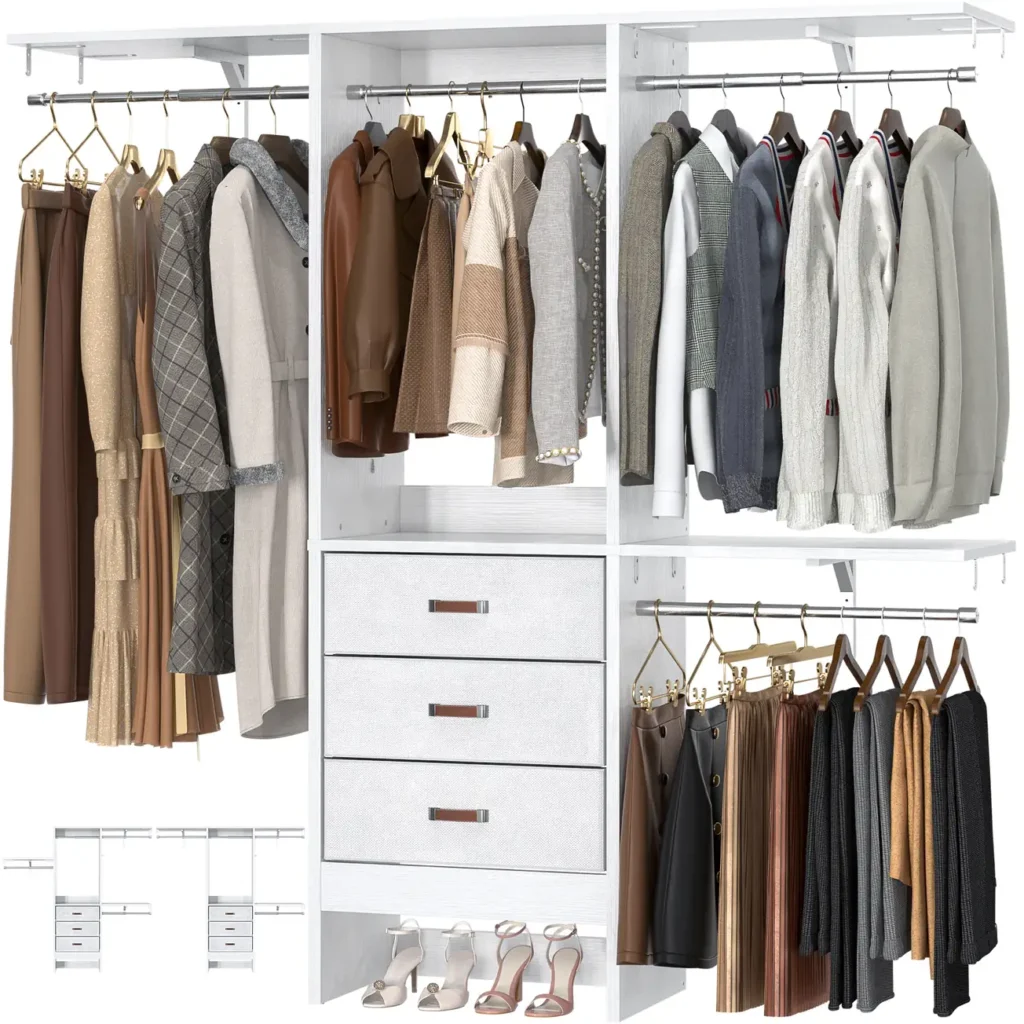 White large freestanding multi-unit wardrobe closet system with 3 fabric drawers, multiple hanging rods, and storage shelves wholesale manufacturer - Comfuri
