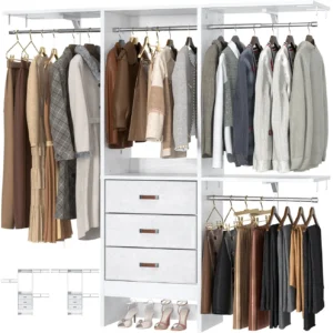 White large freestanding multi-unit wardrobe closet system with 3 fabric drawers, multiple hanging rods, and storage shelves wholesale manufacturer - Comfuri