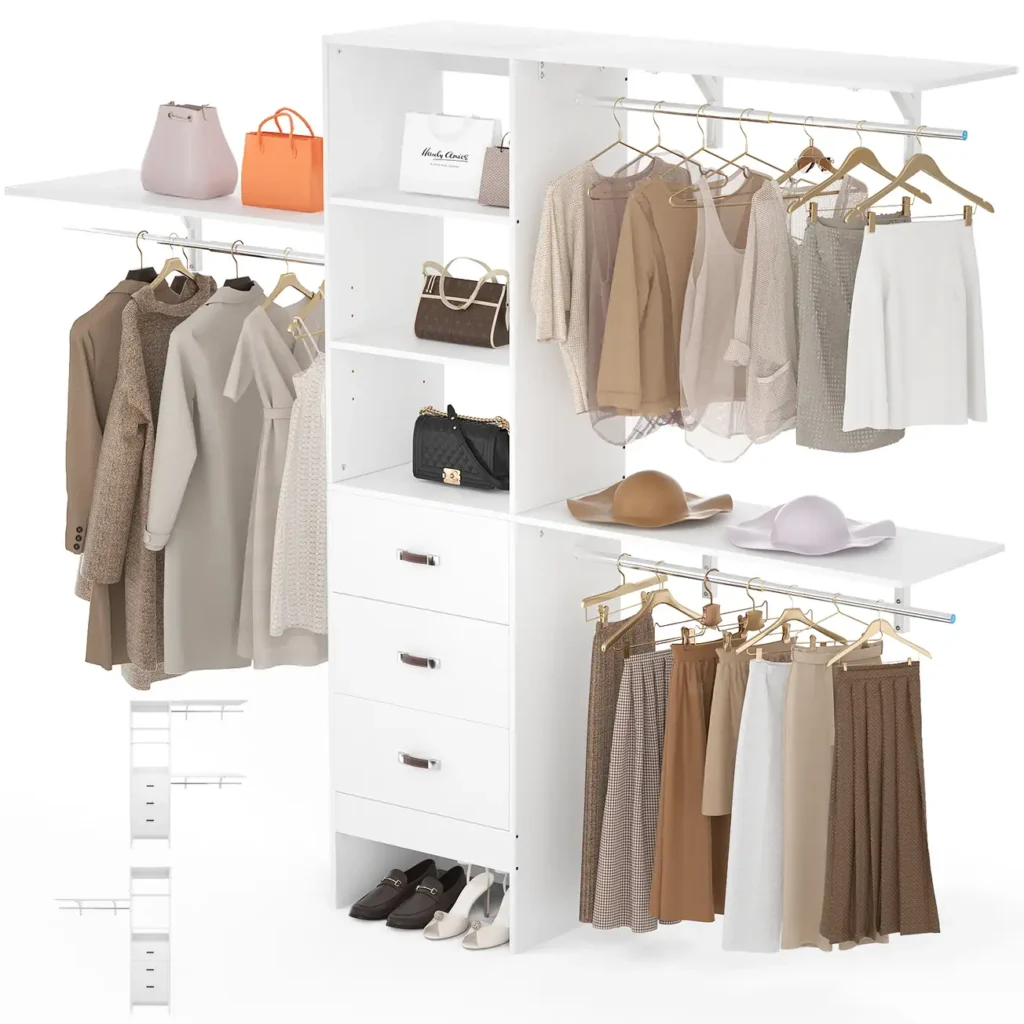 White large freestanding multi-unit wardrobe closet system with 3 fabric drawers, open display shelves, multiple hanging rods, and shoe storage wholesale manufacturer - Comfuri