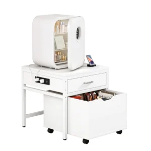 Modern white nightstand with built-in power outlets, storage drawer, and mobile cabinet on wheels