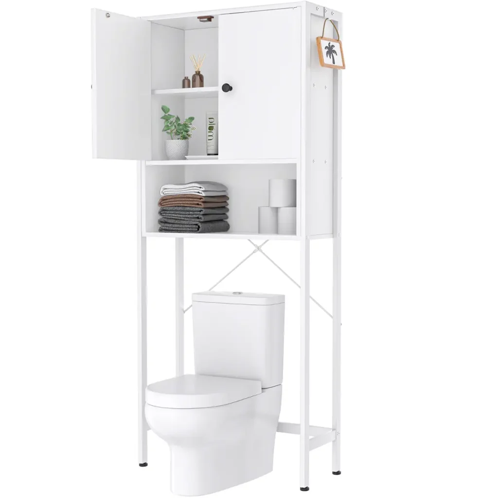 Modern 3-tier over-the-toilet storage cabinet rack featuring solid white double doors, white metal framework, one open shelf, and rear X-frame crossbars for bathroom organization