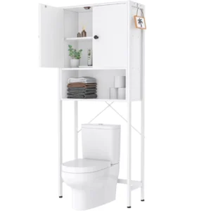 Modern 3-tier over-the-toilet storage cabinet rack featuring solid white double doors, white metal framework, one open shelf, and rear X-frame crossbars for bathroom organization