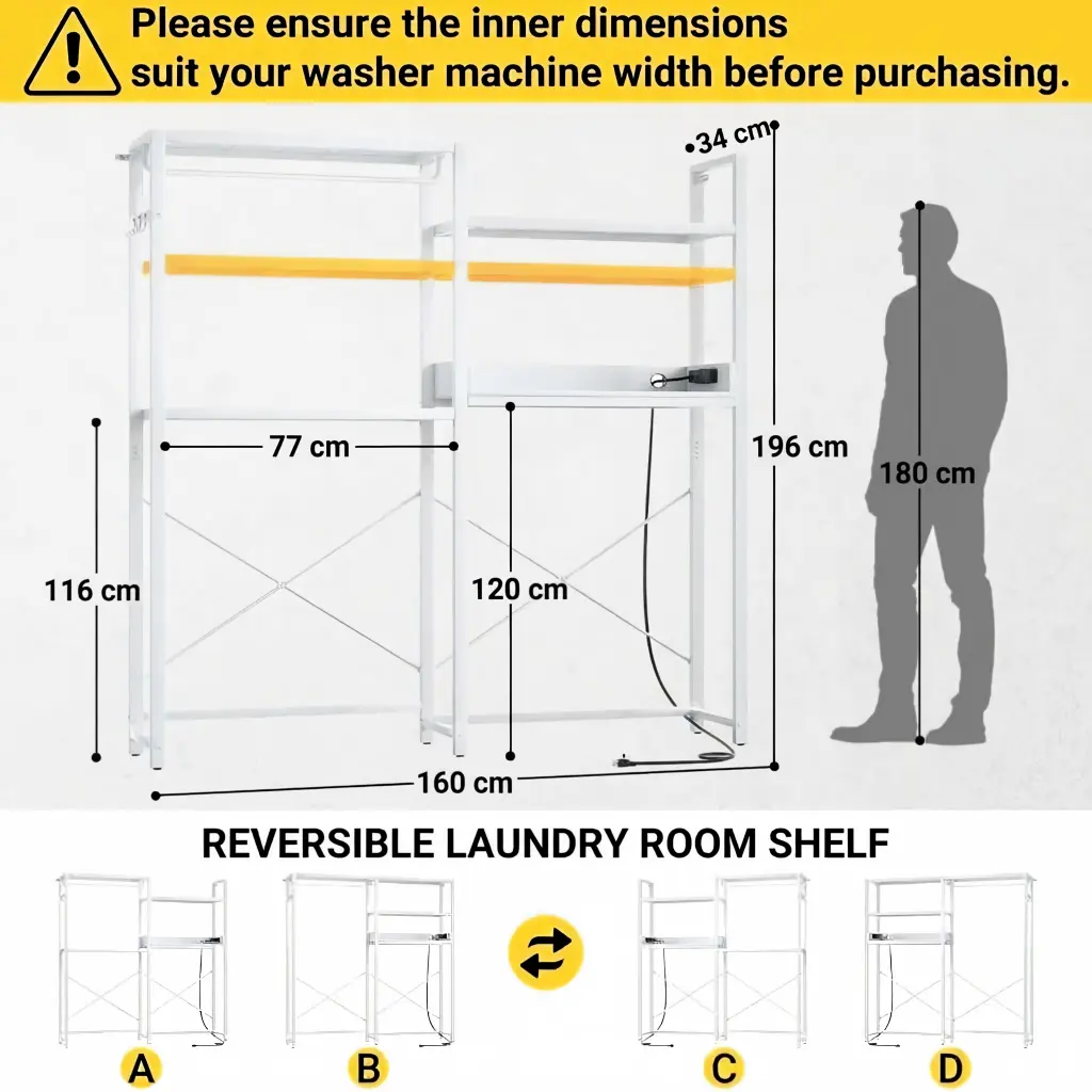 White Laundry Storage Rack Detailed Dimensions & Space Clearance Guide Detailed dimension diagram of the full white over washer and dryer storage rack showing 196cm (77.2") overall height, 160cm (63" ) width, 34cm (13.4") depth, and a 180cm human height comparison silhouette with 4 reversible configurations