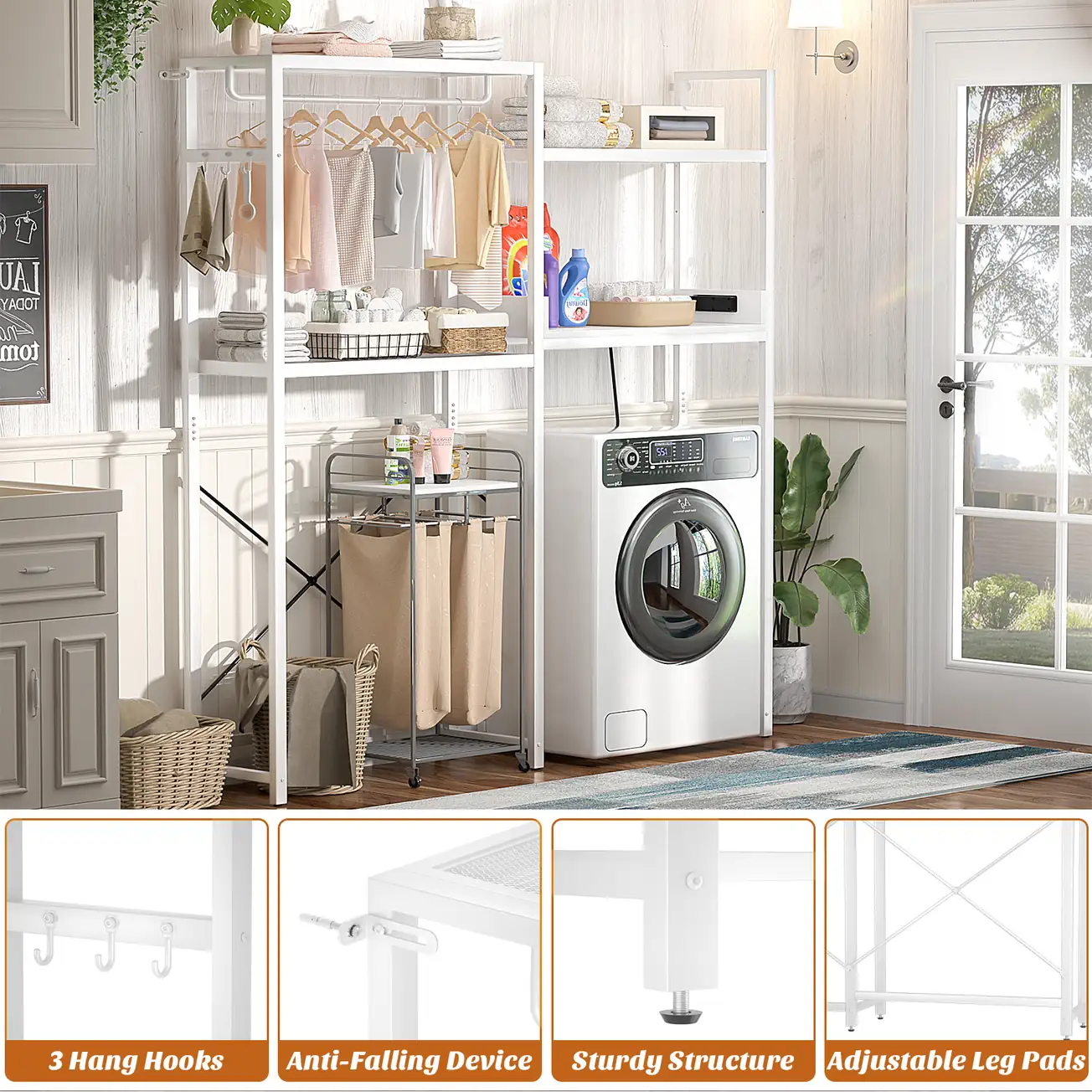 White Laundry Storage Rack Safety Hardware & Component Details Lifestyle infographic of a full white laundry room storage rack over a washing machine, detailing structural and safety hardware close-ups including 3 hang hooks, an anti-falling wall device, a sturdy steel frame, and adjustable leg pads