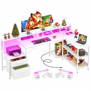 Comfuri White Reversible L-Shaped Computer Desk with Pink LED Lights, Gaming Desk with File Cabinet and Storage Shelves