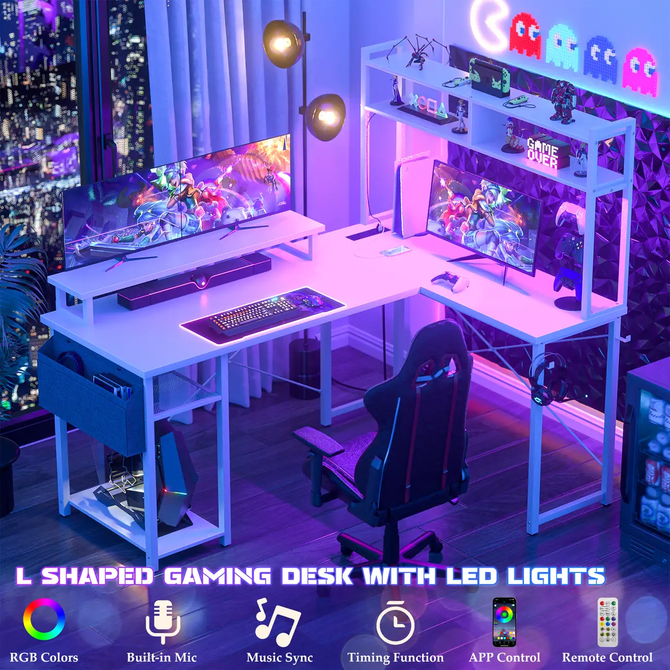 White RGB L-Shaped Gaming Desk - Comfuri White RGB L-shaped gaming desk with hutch, smart APP control, and music sync LED lights by Comfuri