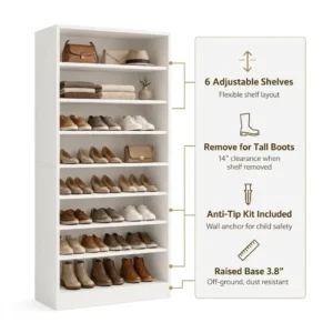White shoe rack cabinet featuring 6 adjustable shelves, removable boards for tall boots, anti-tip kit, and 3.8 inch raised base