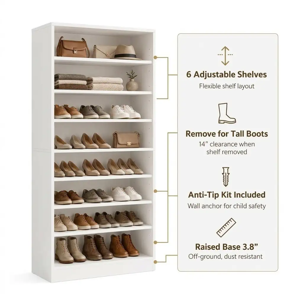 White shoe rack cabinet featuring 6 adjustable shelves, removable boards for tall boots, anti-tip kit, and 3.8 inch raised base