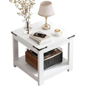 White square end table with 2-tier open storage shelf and rustic black metal corner accents