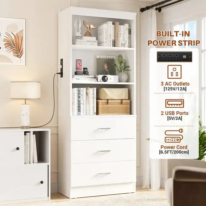 White Tall Bookshelf Power Strip Charging Station Details White tall bookshelf showcasing a built-in power strip charging station with 3 AC outlets 125V 12A, 2 USB ports 5V 2A, and a 6.56ft power cord