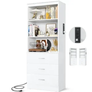 White tall bookshelf featuring a built-in charging station with AC outlets and USB ports, three spacious pull-out storage drawers, and multi-tier open shelves