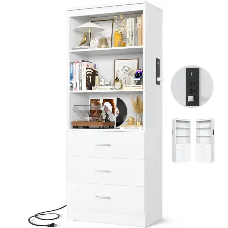 White tall bookshelf featuring a built-in charging station with AC outlets and USB ports, three spacious pull-out storage drawers, and multi-tier open shelves