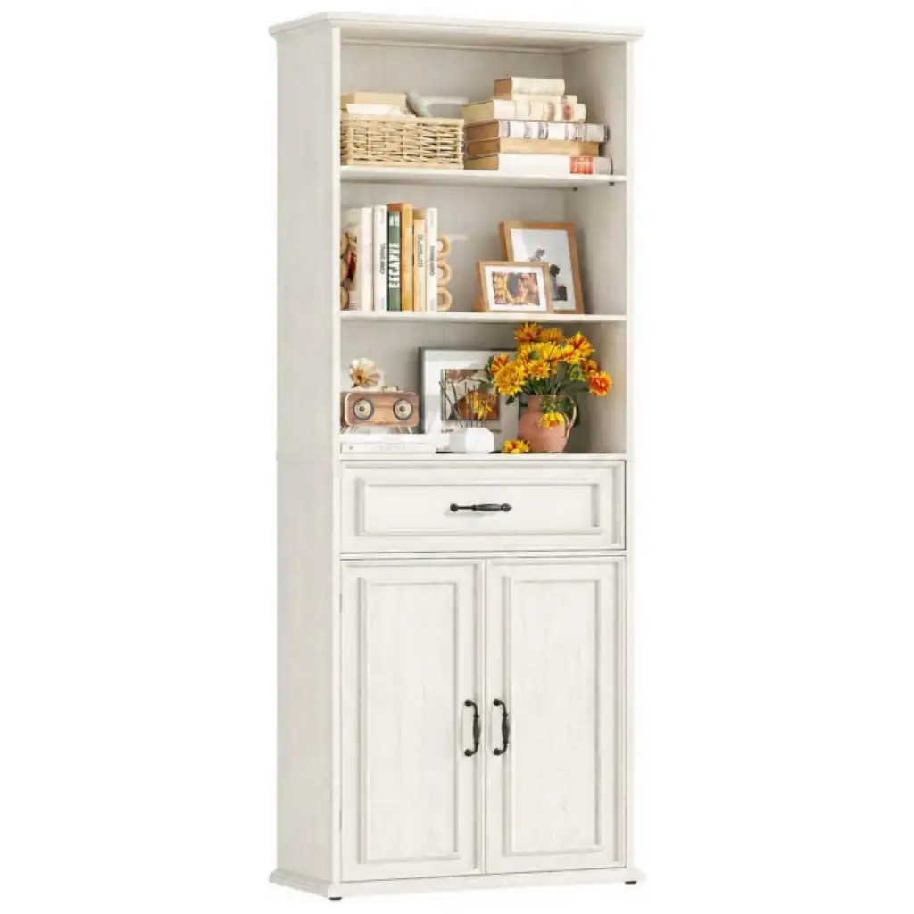 White tall bookshelf with 3 open shelves center drawer and 2-door bottom storage cabinet for modern farmhouse living room