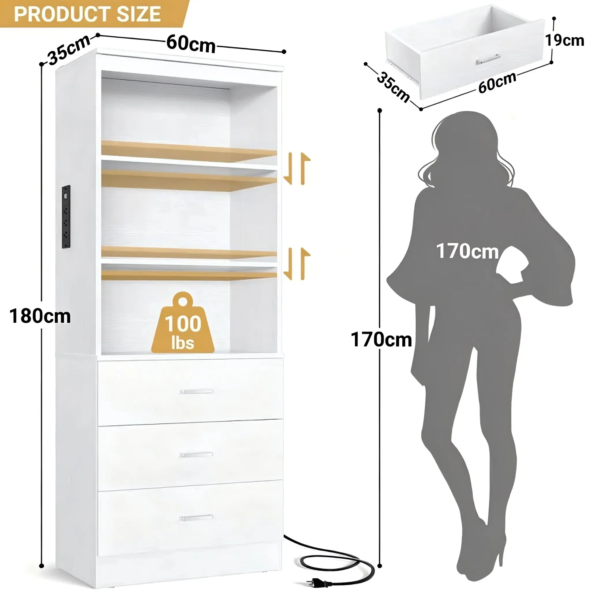 White Tall Bookshelf Dimensions and Load Capacity White tall bookshelf detailed dimension chart and load capacity specifications showing 180cm height, 60cm length, 35cm depth, 100lbs countertop weight capacity, and 19cm drawer size