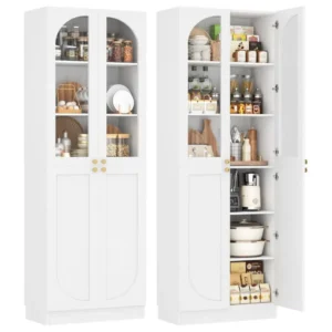 White tall kitchen pantry cabinet with solid arched doors and large storage shelves for hidden storage in utility room