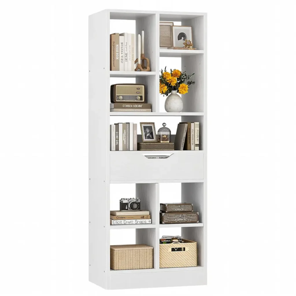 White tall narrow bookshelf featuring a 7-tier geometric open display layout, one mid-level storage drawer, and a freestanding vertical tower structure