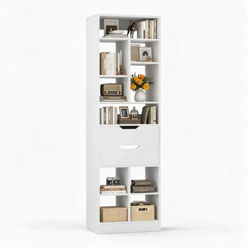 White tall narrow bookshelf featuring multi-tier geometric open display shelves, two mid-level storage drawers, and a freestanding vertical tower structure