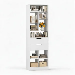 White tall narrow bookshelf featuring multi-tier geometric open display shelves, two mid-level storage drawers, and a freestanding vertical tower structure