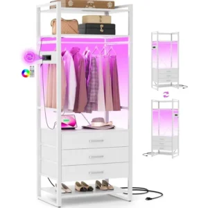 White tall freestanding clothing rack wardrobe closet organizer with 3 drawers, top storage shelf, LED strip lights and power outlet wholesale manufacturer - Comfuri