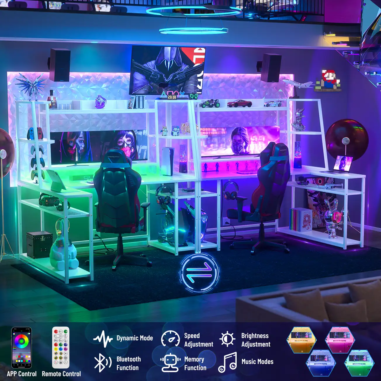 White Two Person Gaming Desk with LED Lights White two person gaming desk with hutch and app controlled music sync RGB LED lights