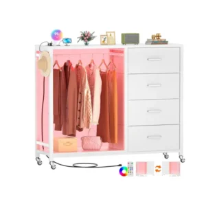 White clothing rack wardrobe closet organizer with fabric drawers, LED strip lights and power outlets wholesale - Comfuri