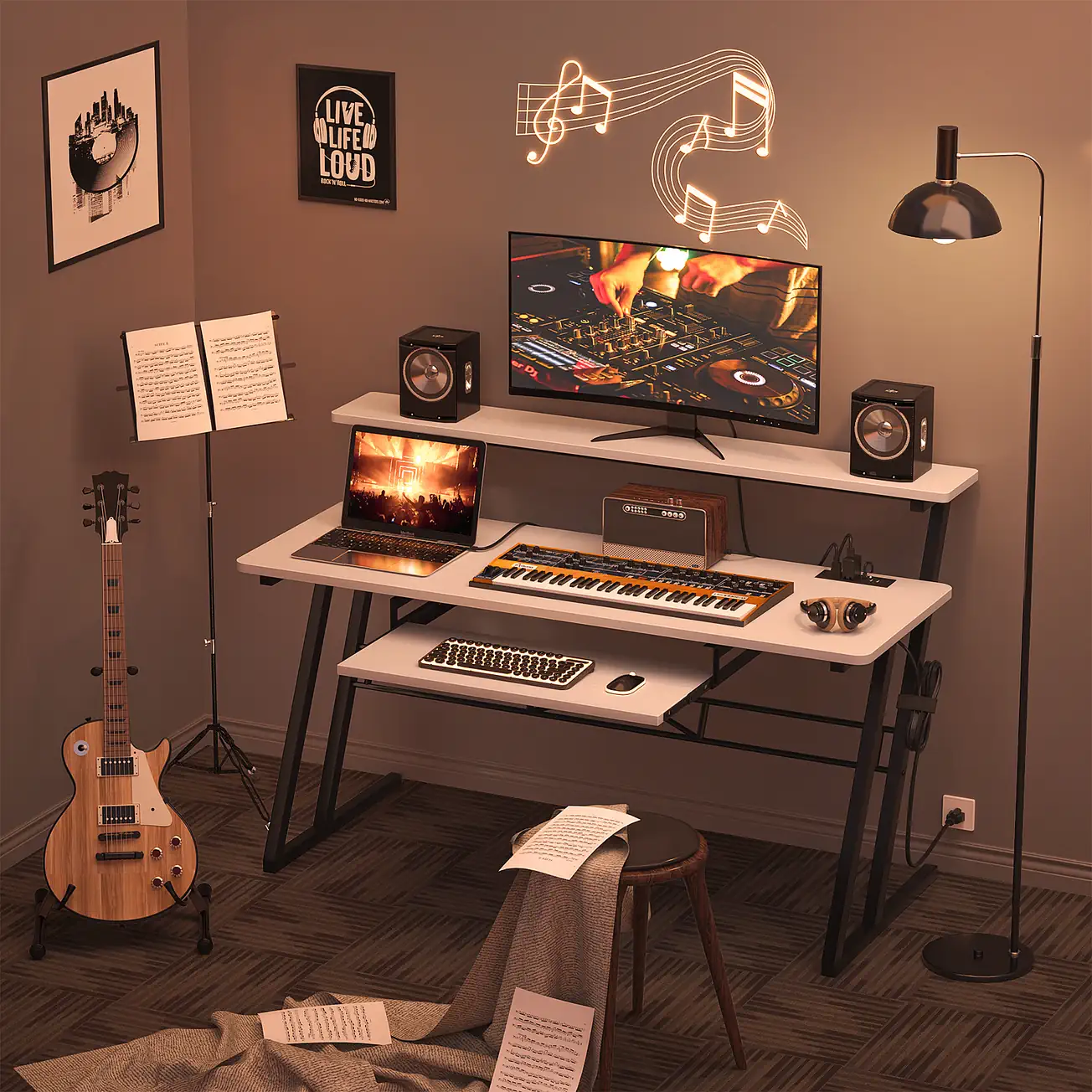 white wood studio desk producer workstation room lifestyle white wood studio desk producer workstation room lifestyle