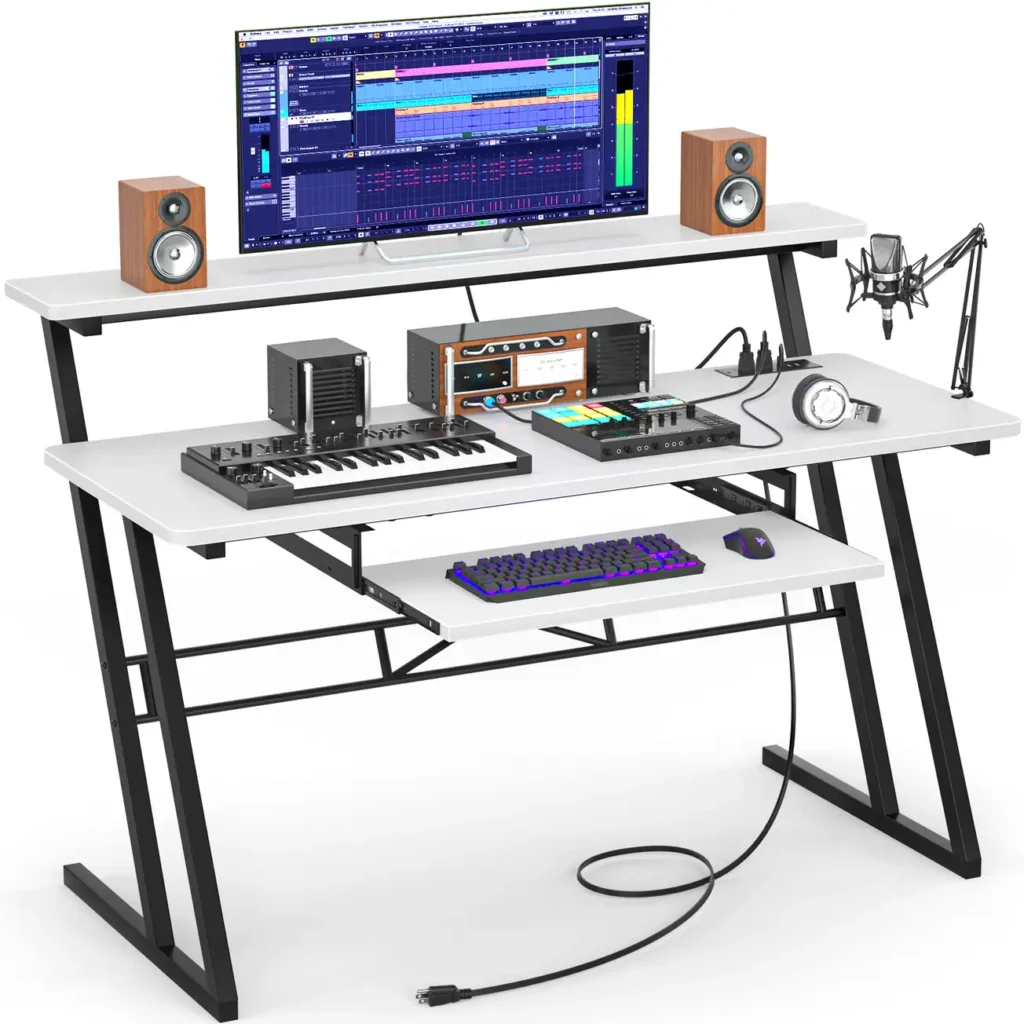 white wood studio desk producer workstation with keyboard tray