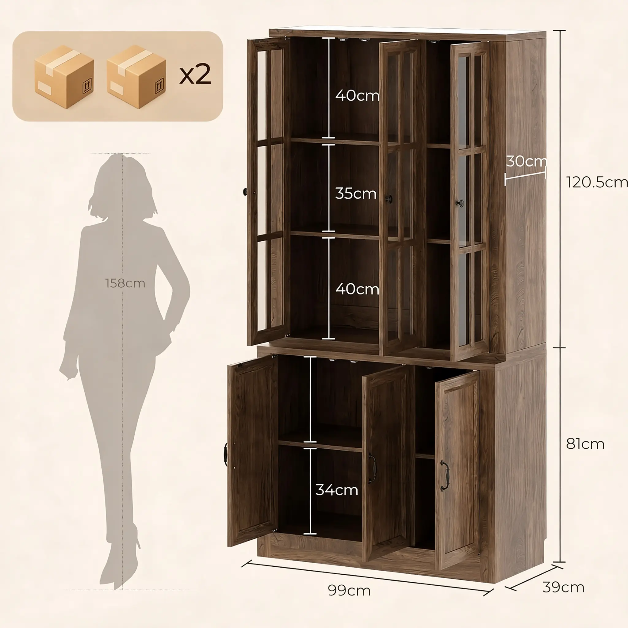 Accurate Technical Dimensions and Dual-Box Packing Specifications Technical dimension diagram of a wholesale modular wood bookcase showing 201.5cm total height and a 2-box parcel delivery note.