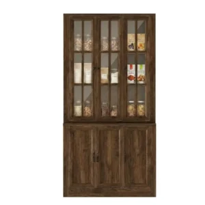 Wholesale 2-in-1 modular wood bookcase with tempered glass hutch and base cabinet in walnut finish for commercial projects.