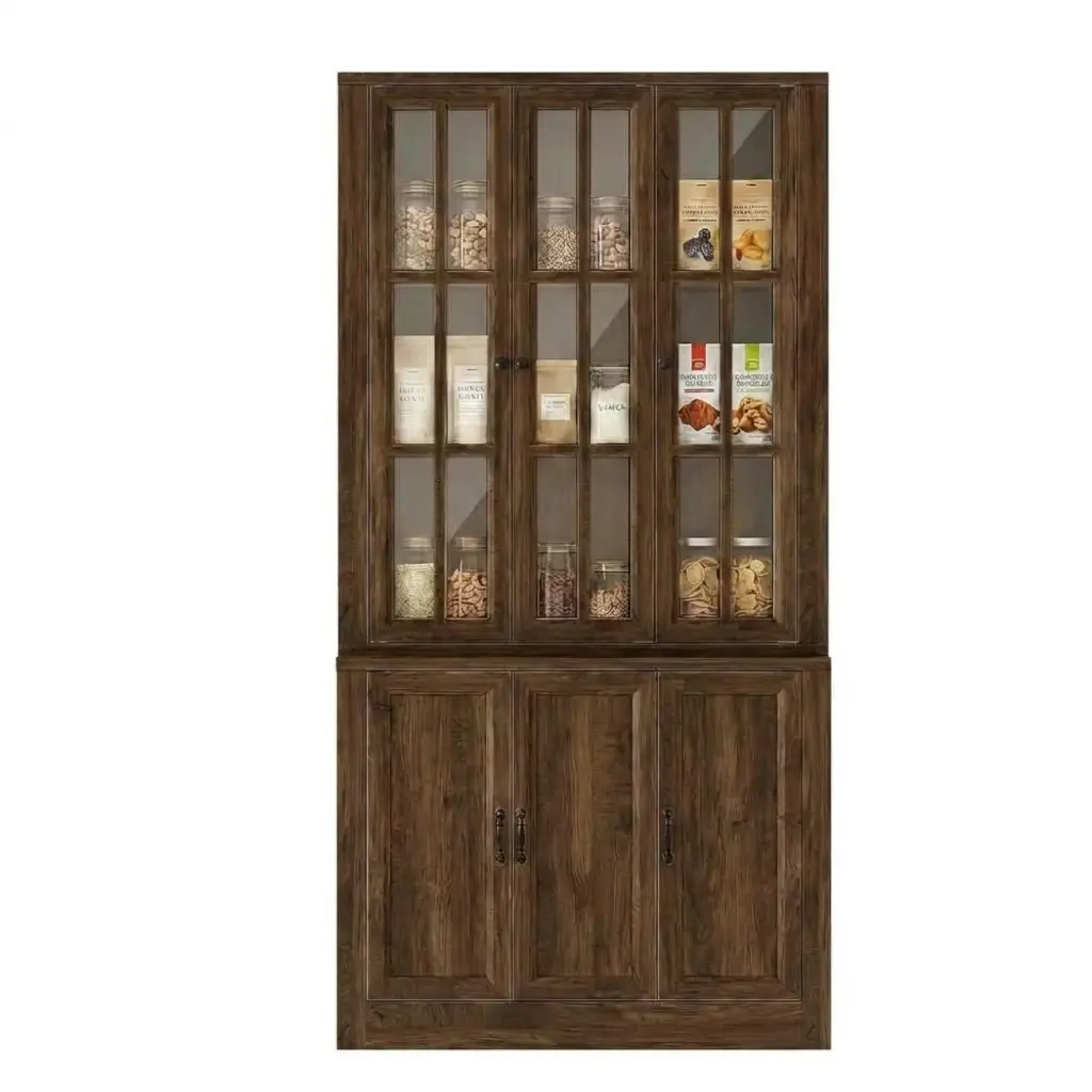 Wholesale 2-in-1 Modular Wood Bookcase & Display Cabinet with Glass Doors Wholesale 2-in-1 modular wood bookcase with tempered glass hutch and base cabinet in walnut finish for commercial projects.