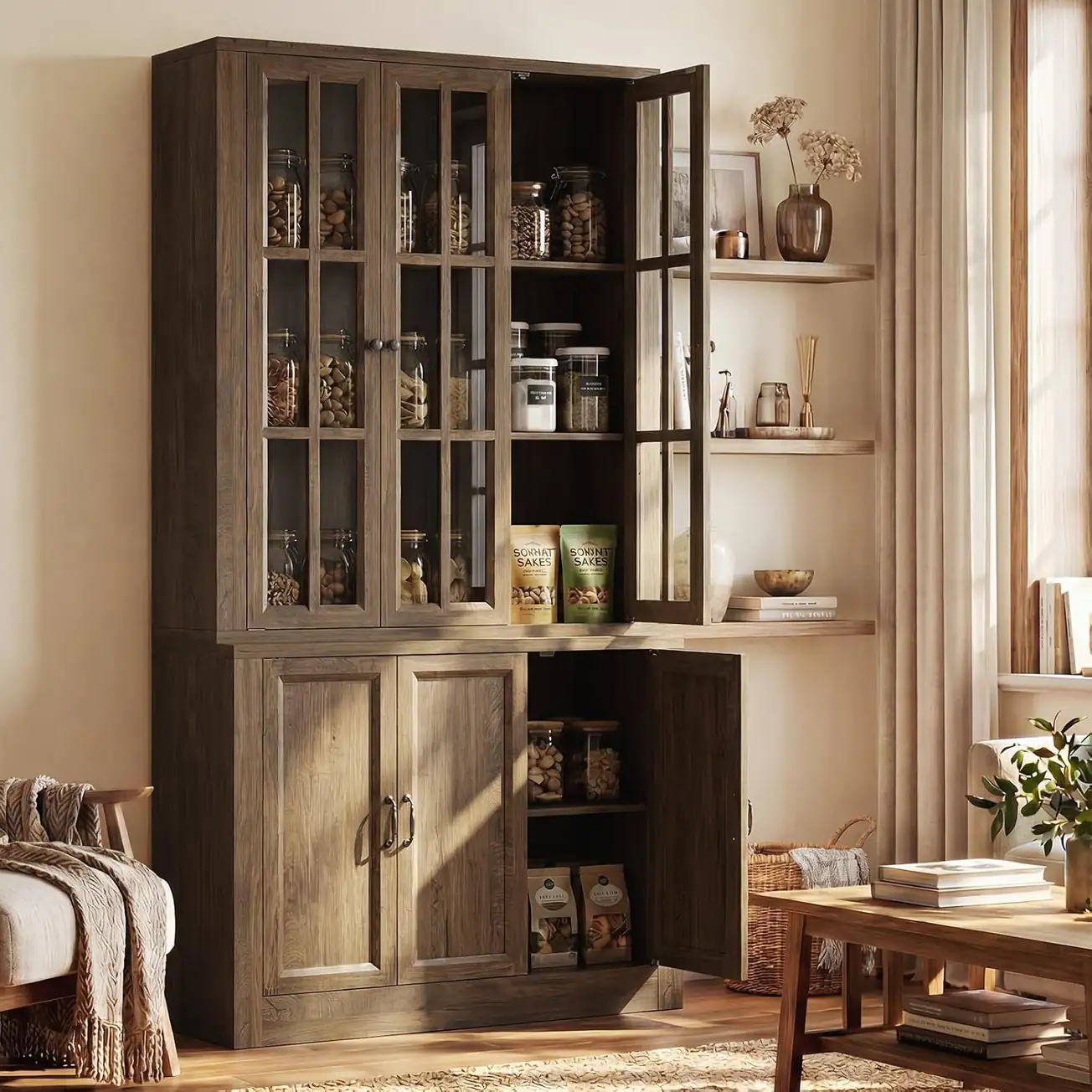 Wholesale 2-in-1 Modular Rustic Brown Wood Bookcase with Open Doors Lifestyle view of a wholesale 2-in-1 modular rustic brown wood bookcase with open doors showing interior pantry storage.
